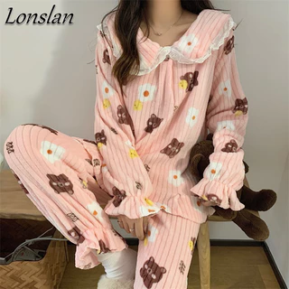 Bộ đồ ngủ tay dài vải lông cừu san hô pijama hoạt hình dễ thương gấu đồ mặc nhà nữ
