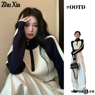 Zhu Xia Áo sweater Dệt Kim Tay Lửng Lưng Cao Màu Sắc Tương Phản Phong Cách Hàn Quốc Thời Trang Thu Đông Cho Nữ