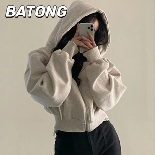 Batong Áo sweater Có Đệm Nhung Ngắn Ôm Dáng Màu Trơn Khóa Kéo Giữ Ấm Mùa Thu Đông Mới