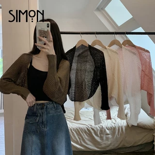 Simon Áo Cardigan Dệt Kim Hàn Quốc Hở Trước Cho Nữ Chống Nắng Mùa Hè Dáng Rộng Màu Trơn Khoét Lỗ Dài Tay