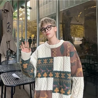 Áo sweater unisex 100% cotton dáng rộng phong cách Hàn Quốc thời trang cổ điển 2024 áo sweater nam form rộng áo len unisex áo len hàn thiết kế ghép hình vuông áo len đơn giản