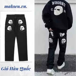 【S-3XL】Quần Jean Nam Dài Dáng Suông In Hình Đầu Lâu Kiểu hip-hop Mỹ Thời Trang Cho Nam Và Nữ Quần Cắt Thẳng