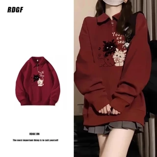 Áo sweater nữ RDGF oversize dáng rộng cổ polo khóa kéo thời trang phong cách Hàn Quốc