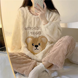 DIAKE❤Bộ Đồ Ngủ pijama công chúa  Chất Nỉ Phối Lông Cừu San Hô Dày Dặn Ấm Áp Thời Trang Thu Đông Dễ Thương Cho Nữ