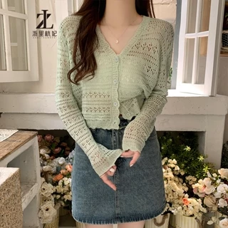 Áo cardigan ZHELIHANGFEI dệt kim tay dài cổ chữ V màu trơn phong cách Hàn Quốc thời trang mùa hè cho nữ