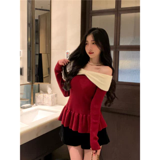 Áo sweater Dệt Kim Trễ Vai Tay Dài Viền Bèo Thời Trang Cho Nữ