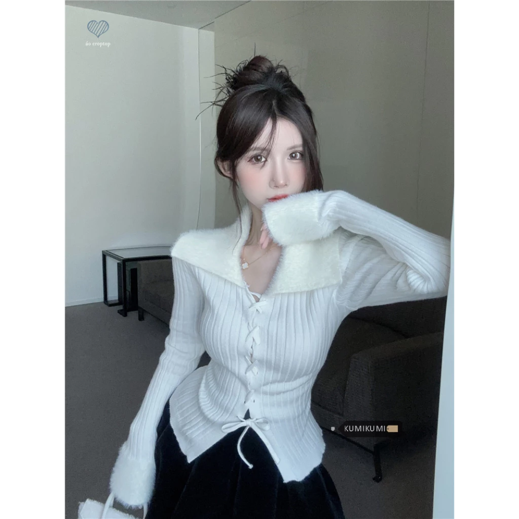 kumikumi Áo sweater Dệt Kim Cổ Phối Lông Và Dây Rút Thời Trang