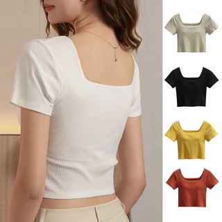 Áo Thun crop Top Tay Ngắn Cổ Vuông 2 Trong 1 Thời Trang Mùa Hè Cho Nữ