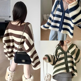 Áo cardigan Dệt Kim Tay Dài Cổ Chữ v Dáng Rộng Kẻ Sọc Phong Cách retro Dành Cho Nữ