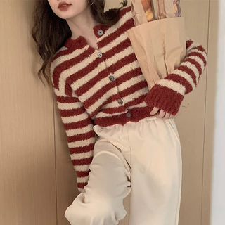 Áo sweater Dệt Kim Tay Dài Cổ Tròn Kẻ Sọc Thời Trang 69365