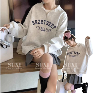 SUXI Áo hoodie Tay Dài Khóa Kéo In Chữ Phong Cách vintage Cho Nữ