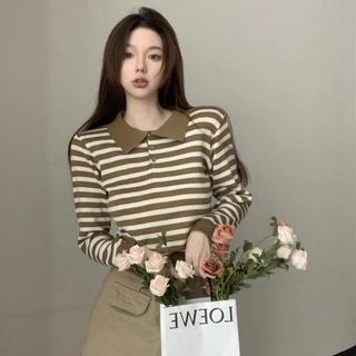 《ET》Áo sweater Dệt Kim Tay Dài Kẻ Sọc Kiểu Hàn Quốc Xinh Xắn Cho Nữ