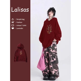 Lalisas Áo hoodie Tay Dài Oversize Màu Đỏ Phong Cách Giáng Sinh Năm Mới Ngọt Ngào Cho Nữ