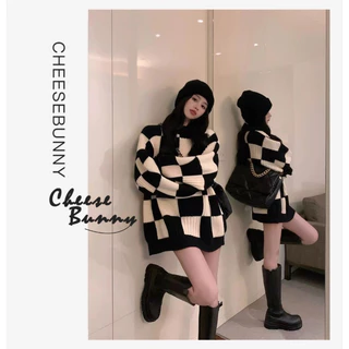 Cheesebunny Áo len nữ form rộng dài tay dáng dài họa tiết kẻ caro to kiểu dáng ulzzang cổ tròn hàn quốc