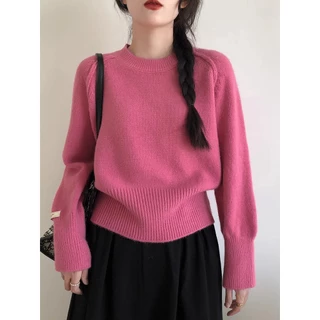 NZN Áo len nữ thời trang Hàn Quốc màu trơn đơn giản màu hồng dài tay áo len dệt kim nhiệt