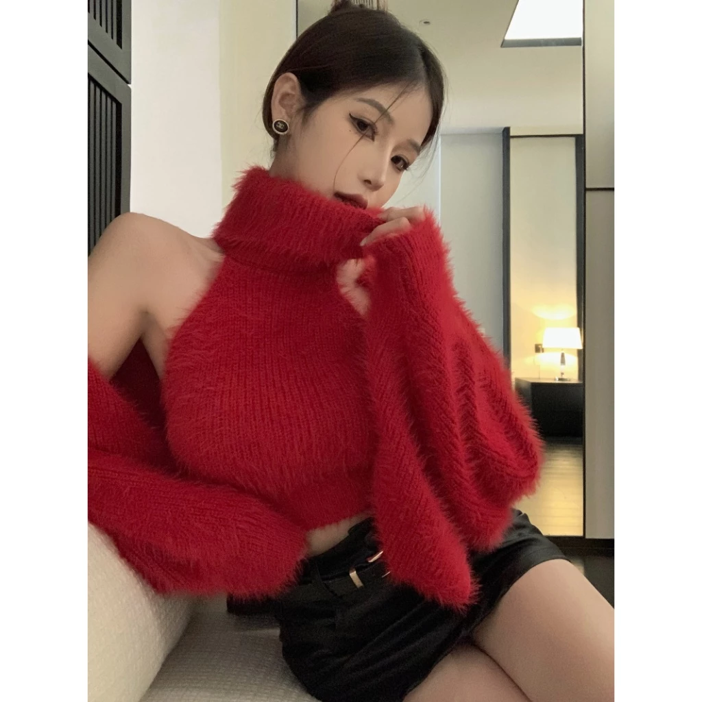 QKOOLE Áo sweater Trễ Vai Ấm Áp Thời Trang Mùa Đông Cho Nữ 231224