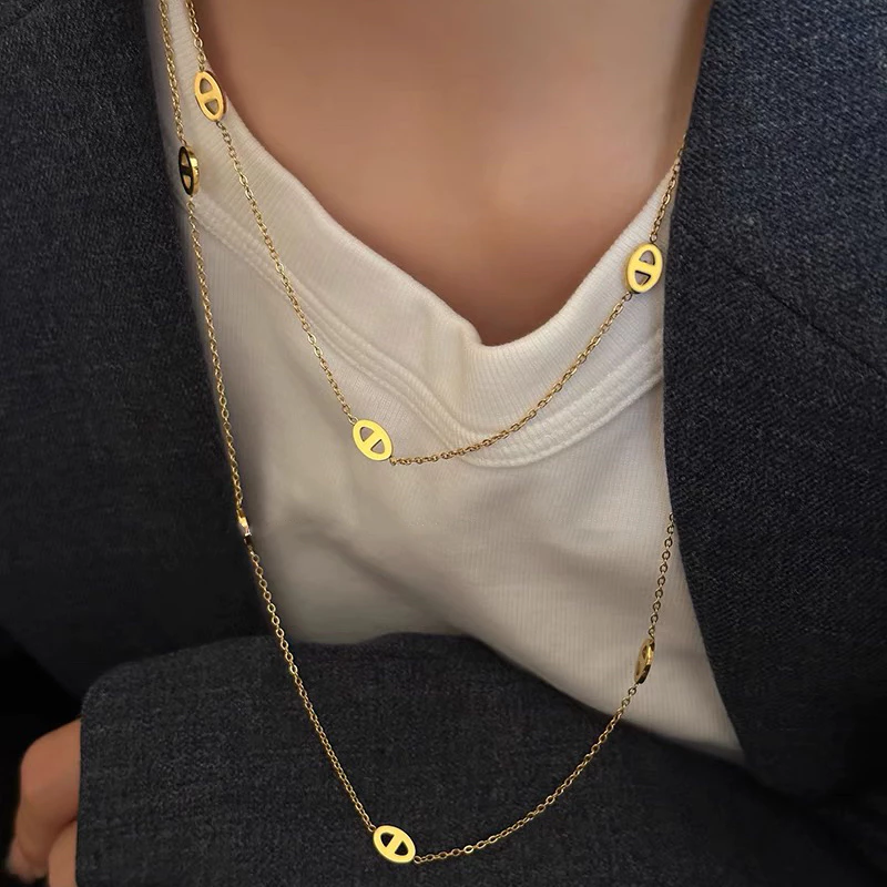 Việt Nam 1 Ngày Giao💕Dây Chuyền Hai Lớp Bằng Thép Titan Mạ Vàng 18k Siêu Nhẹ Hình Mũi Heo Sang Trọng