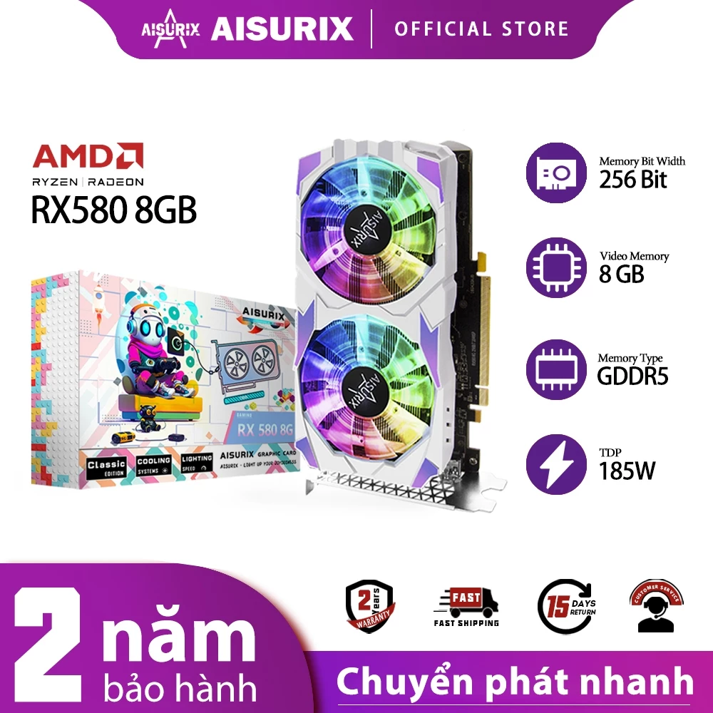 AISURIX VGA RGB Card màn hình RX580 8GB AMD máy tính Gaming GPU GDDR5 256Bit