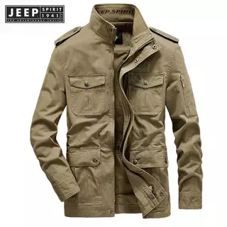 JEEP SPIRIT 1941 ESTD Áo Khoác cotton Xuân Thu Dáng Rộng Cổ Đứng Nhiều Túi Và Trẻ Trung Cho Đàn Ông Trung Niên M-6XL