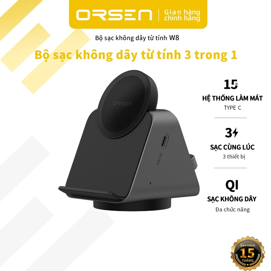 Đế Sạc Không Dây Orsen W8 3 Trong 1 15W Có Nam Châm Chữ C Cho Đồng Hồ Thông Minh