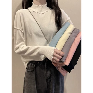 ZHELIHANGFEI Áo Sweater Dệt Kim Tay Dài Cổ Lọ Màu Trắng Đen Thời Trang Thu Đông Cho Nữ