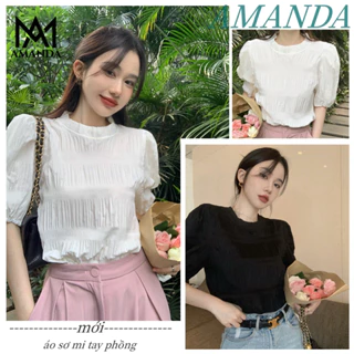 AMANDA（S--XXL） Thanh lịch áo sơ mi tay phồng sơ mi tay phồng áo sơ mi trắng sơ mi trắng áo sơ mi nữ bigsize trắng trơn cổ tròn áo thun bigsize nữ