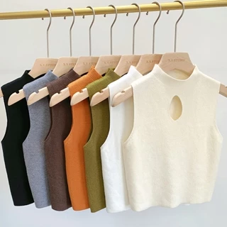 [demtl] Áo tank top Dệt Kim Cổ Cao Hở Lưng Màu Trơn Thời Trang Mùa Hè Cho Nữ