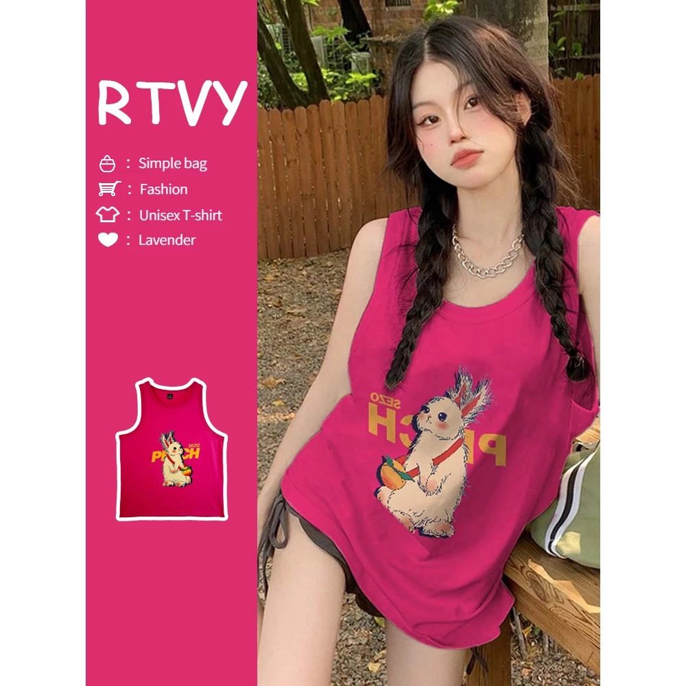 「RTVY」Áo tank top Không Tay Màu Sắc retro Mỹ Hình Rồng Trái Cây Dopamine Cho Nữ