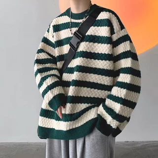 Áo sweater nam dệt kim cổ tròn họa tiết kẻ sọc phong cách Nhật Bản thời trang mùa đông cho nam Áo len nam Hàn Quốc