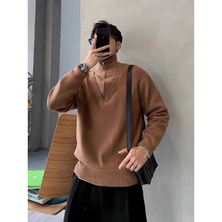 Aokang Áo sweater Dệt Kim Giả Hai Lớp Màu khaki Trơn Đơn Giản Phong Cách Hàn Quốc