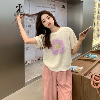 Áo sweater ZHELIHANGFEI ngắn tay cổ tròn thêu hoa phong cách Hàn Quốc