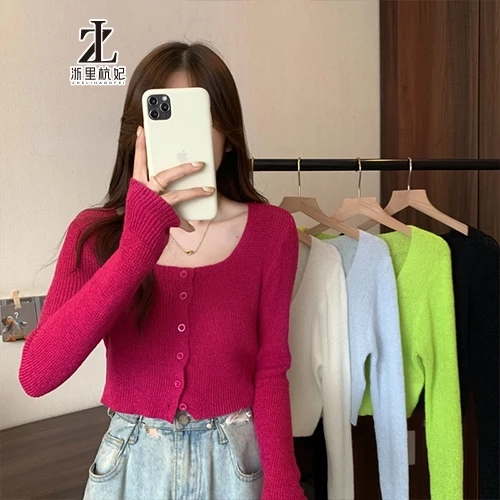 Áo croptop ZHELIHANGFEI dệt kim tay dài cổ lưng phong cách quyến rũ cho nữ