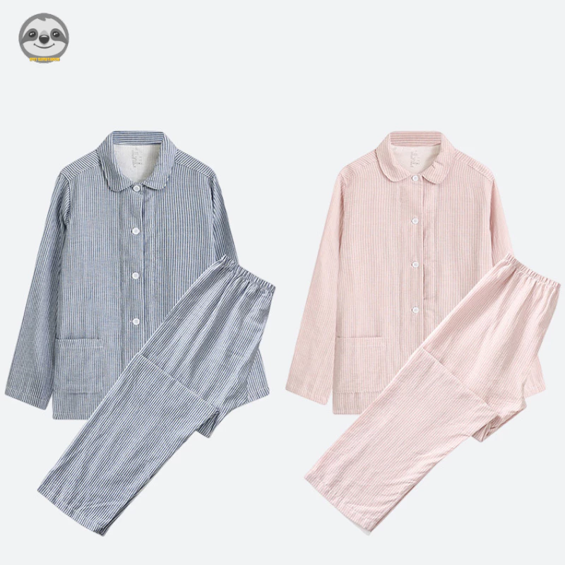 Bộ Đồ Ngủ Cotton Hai Lớp Màu Trơn Phong Cách Muji Nhật Bản Cho Nữ