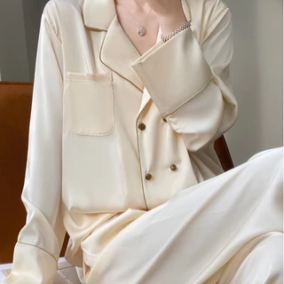 ✨ Bán nóng tại chỗ✨Premium Sense Double-breasted Ice Silk Pajama cho phụ nữ,Áo ngủ dài tay của phụ nữ,2024 Champagne màu sắc lỏng lẻo Trang phục gia đình mùa hè khí chất Trang phục gia đình,Bộ đồ ngủ nữ,,，đồ ngủ lụa lạnh，