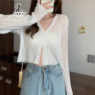 Áo khoác cardigan ZHELIHANGFEI dệt kim vải lụa lạnh tay dài chống nắng in kẻ sọc màu trắng mùa hè cho nữ