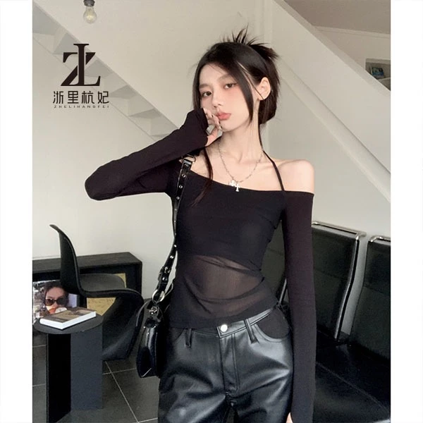 ZHELIHANGFEI Áo Croptop Thun Tay Dài Dáng Ôm Hở Vai Chống Nắng Màu Đen Thời Trang Quyến Rũ Cho Nữ