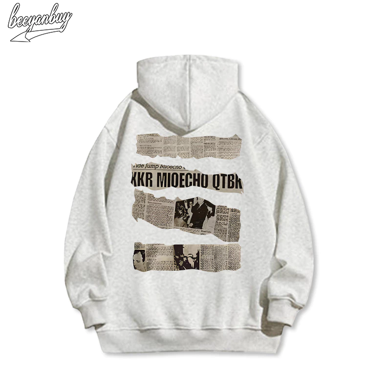 Áo khoác nỉ nam xám BEEYANBUY hoodie cotton vintage in hình old newspaper unisex 100% cotton-Y0515