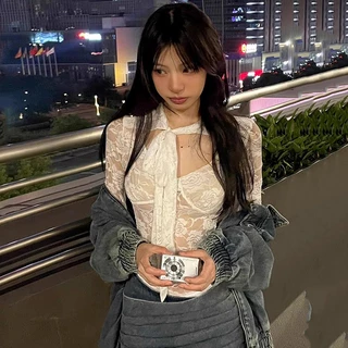 Weird Puss Áo Thun Crop Top Tay Dài Dáng Ôm Phối Ren Thời Trang Hàn Quốc 2024 Y2K