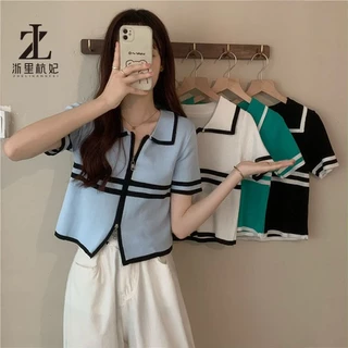 Áo thun ZHELIHANGFEI polo dệt kim ngắn tay phối khóa kéo thời trang