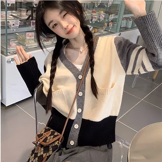 ZHELIHANGFEI Áo Khoác Cardigan Dệt Kim Tay Dài Cổ Chữ V Phong Cách Retro Nhật Bản