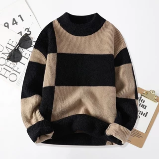 Áo sweater Dệt Kim Tay Dài Cổ Tròn Chất Liệu Co Giãn Cao Dày Dặn Màu Sắc Tương Phản Thời Trang Thu Đông Cho Nam