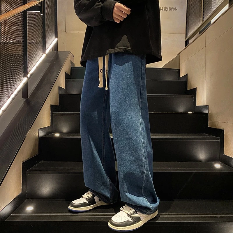 Quần jeans dài AOKANG ống rộng thoải mái màu xanh dương phong cách Hàn Quốc cao cấp