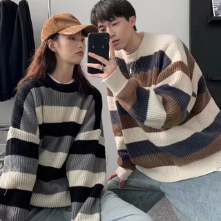 Áo Sweater Dệt Kim Cổ Tròn Dáng Rộng In Họa Tiết Đường Kẻ Thời Trang Cho Nam