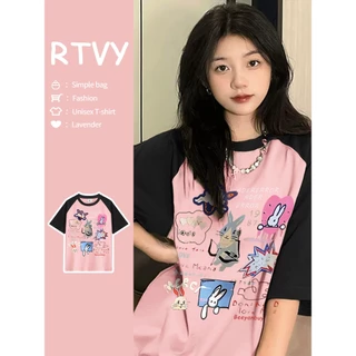 「RTVY」Áo Thun Tay Ngắn Raglan Màu Hồng Đen Phong Cách Retro Mỹ