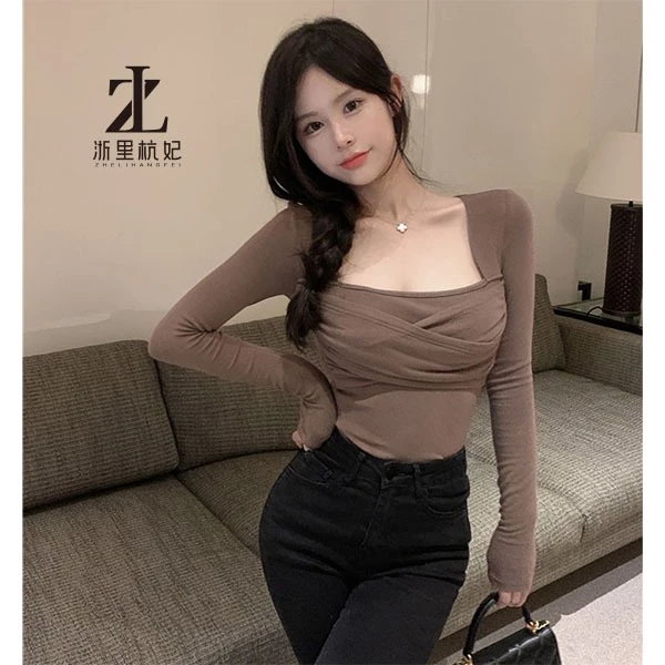 ZHELIHANGFEI Pure Desire lộ xương đòn cổ vuông Slim-fit Áo thun dài tay nữ bó sát