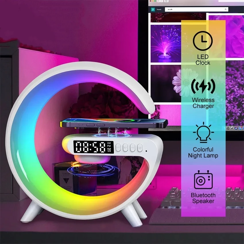 Đèn LED RGB Loa sạc không dây có đồng hồ báo thức QI 15W G Shape Đèn LED sạc không dây Đèn Ngủ Cho iphone samsung xiaomi huawei