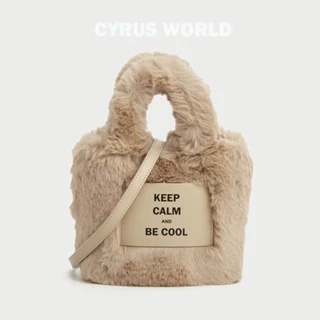 CYRUS WORLD Túi Xách Lông Nhung In Chữ Dễ Thương Xinh Xắn Hợp Thời Trang