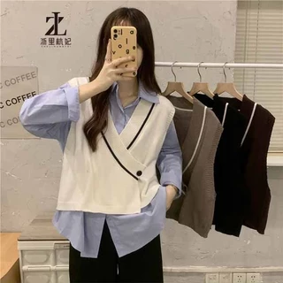 ZHELIHANGFEI Áo Len Không Tay Dáng Rộng Phong Cách Preppy Dễ Phối Đồ