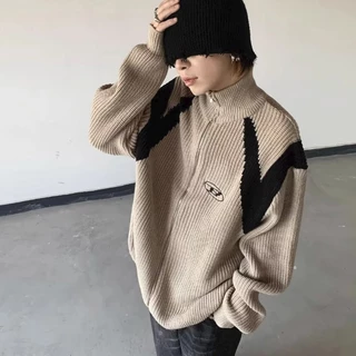 Yazhiniao Áo Khoác sweater Dáng Rộng Cổ Lọ Thêu Họa Tiết Có Khóa Kéo Cá Tính Cho Nam