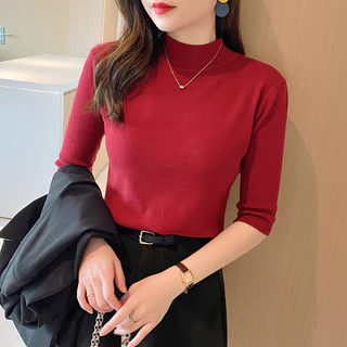 Nửa Cổ Rùa Giữa Tay Áo Len Đáy Áo Sơ Mi Nữ Bên Trong Phong Cách Mới Slim-fit Đan Áo Len Top